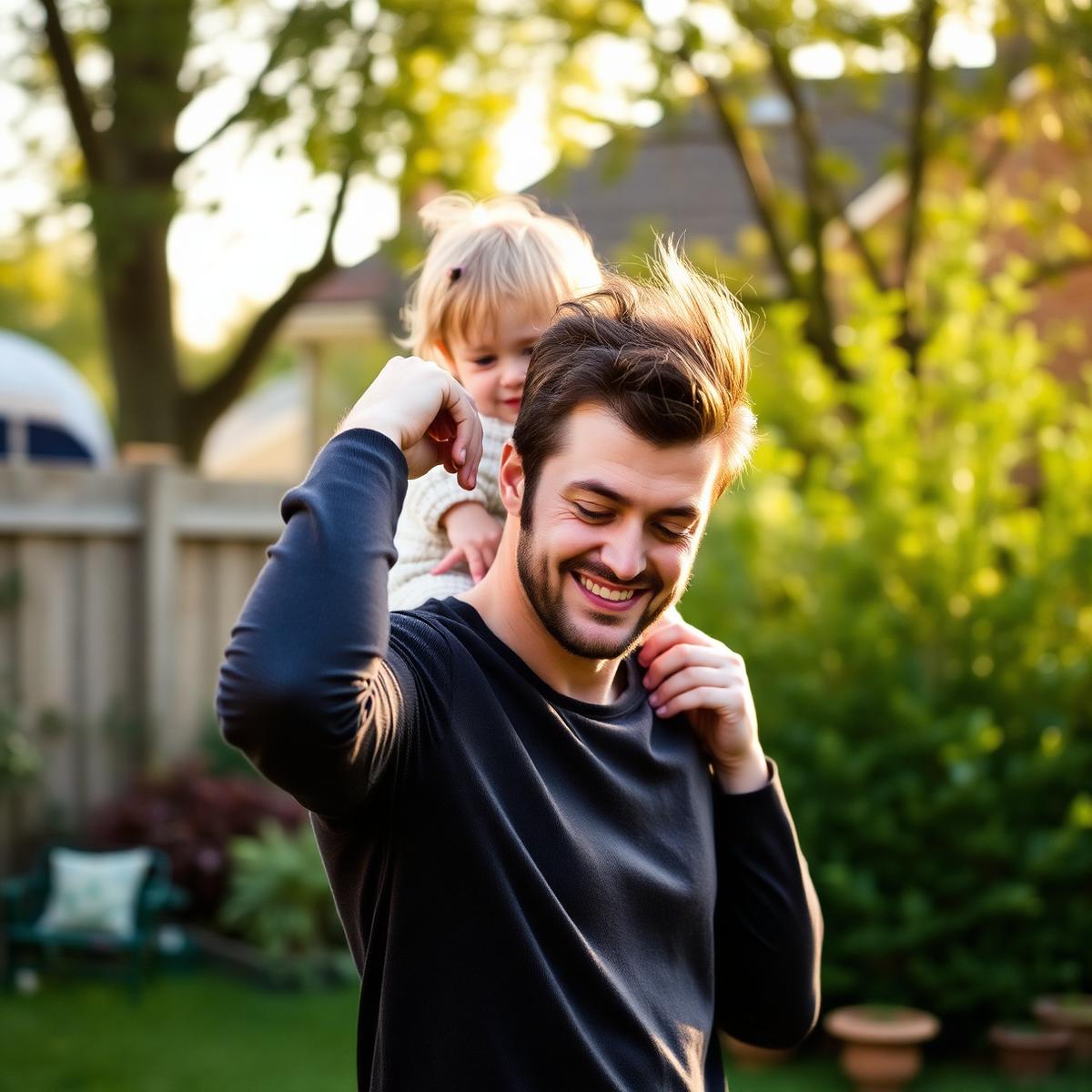 A smiling father carrying his young daughter on his shoulders in a leafy back garden