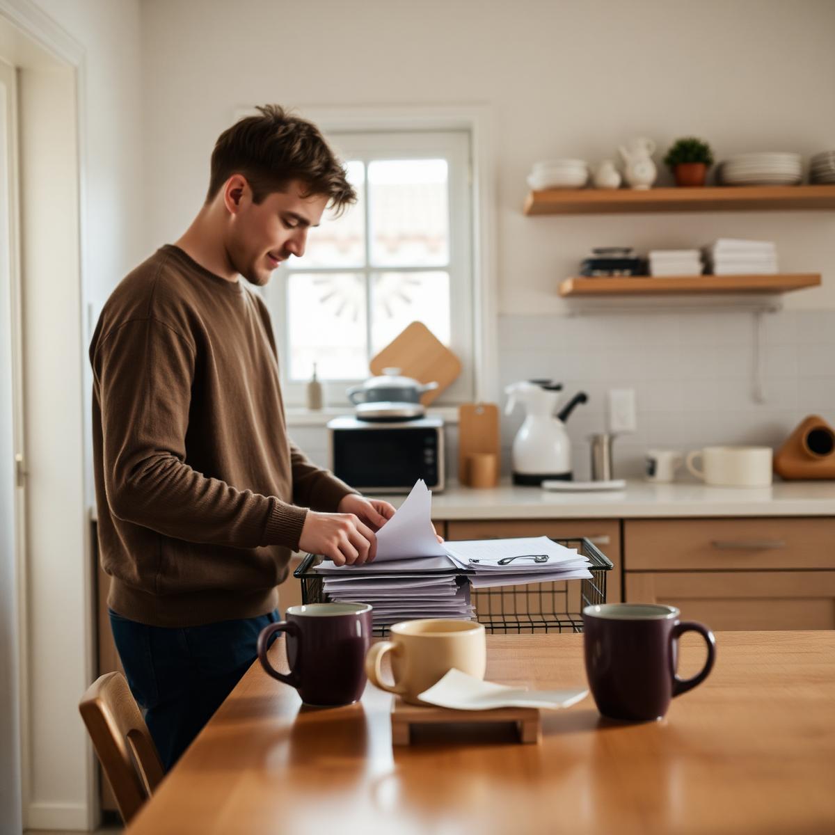 A man sorting a tray of paperwork on a kitchen worktop beside three mugs of tea