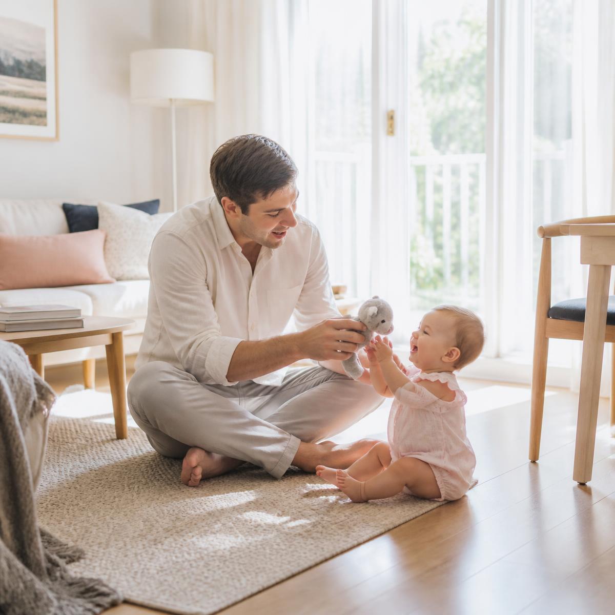 A father sitting on a rug playing with his baby daughter and a toy in a sunlit living room