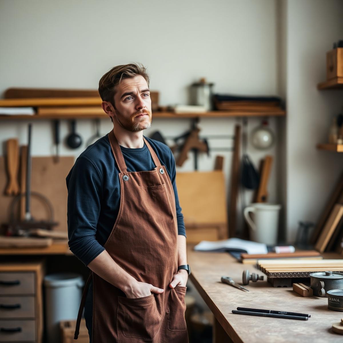 A self-employed joiner in an apron pausing at his workbench in a daylit home workshop